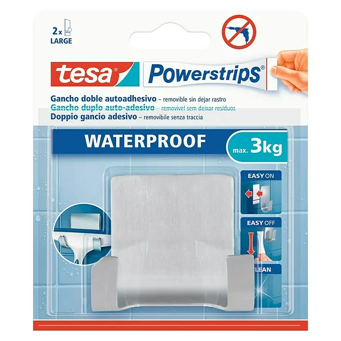Tesa Powerstrips Waterproof Colgador adhesivo Duo - Acero inoxidable, Plateado