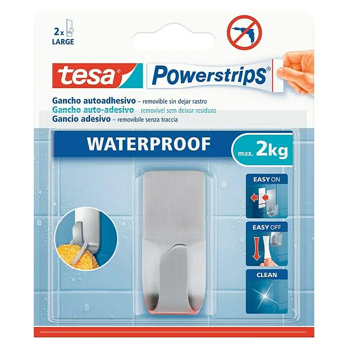 Tesa Powerstrips Waterproof Colgador adhesivo - Acero inoxidable, Plateado