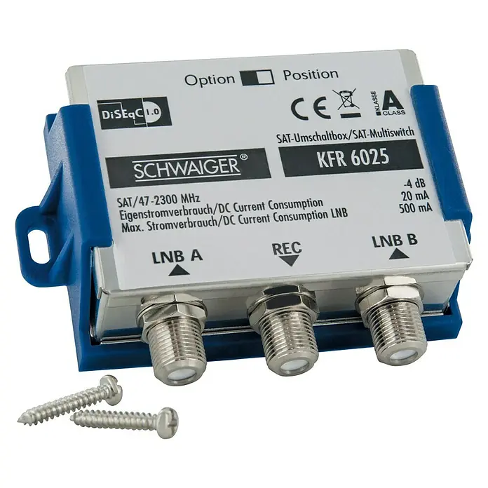 Schwaiger SAT-Umschaltbox - F-Buchse, 47 - 2.300 MHz, Geeignet für: DiSEqC 1.0 - Vorderansicht