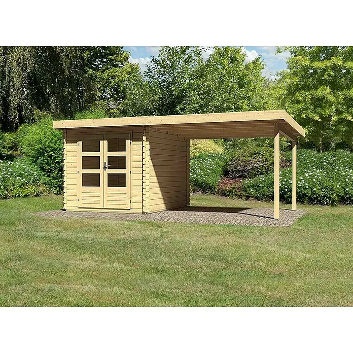 Karibu Blockbohlenhaus Bastrup 4 - 333 x 554 cm, Wandstärke: 28 mm, Pultdach, Ausführung: Mit Anbau - Vorderansicht