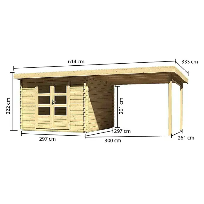 Karibu Blockbohlenhaus Bastrup 5 - 333 x 614 cm, Wandstärke: 28 mm, Pultdach, Ausführung: Mit Anbau - Vorderansicht