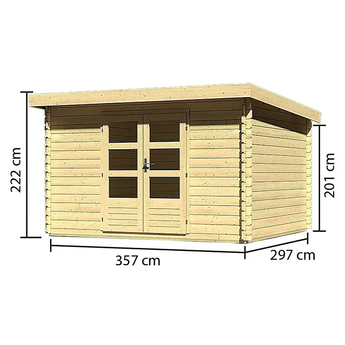 Karibu Blockbohlenhaus Bastrup 7 - 297 x 375 cm, Wandstärke: 28 mm, Pultdach - Rechte Seitenansicht