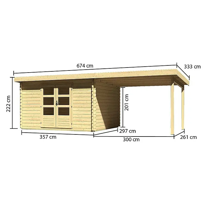 Karibu Blockbohlenhaus Bastrup 7 - 333 x 674 cm, Wandstärke: 28 mm, Pultdach, Ausführung: Mit Anbau - Vorderansicht