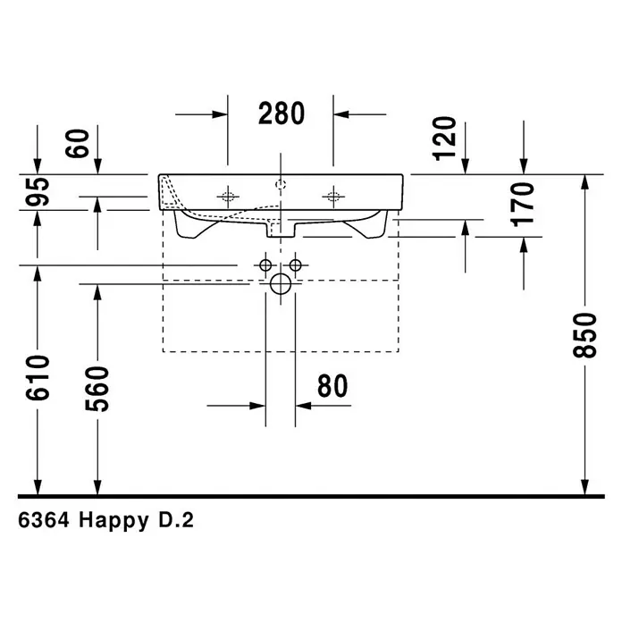 Duravit Happy D.2 Waschtisch Typ 1 - 65 x 50,5 cm, Ohne Spezialglasur, Hahnloch: Mitte, Mit Überlauf, Weiß