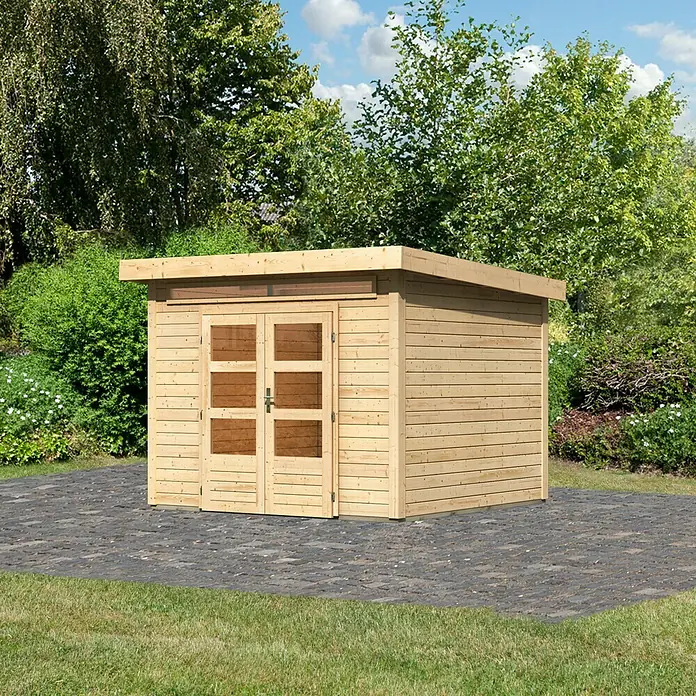 Karibu Gartenhaus Kandern 6 - 274 x 274 cm, Wandstärke: 28 mm, Flachdach, Natur - Linke Seitenansicht