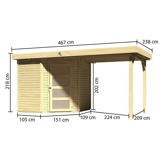 Karibu Gartenhaus Schwandorf 3 - 482 x 238 cm, Wandstärke: 19 mm, Flachdach, Ausführung: Mit Anbau, Natur - Rechte Seitenansicht