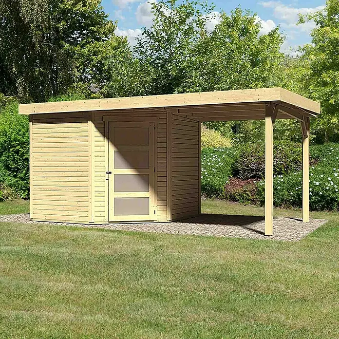 Karibu Gartenhaus Schwandorf 5 - 508 x 262 cm, Wandstärke: 19 mm, Flachdach, Ausführung: Mit Anbau, Natur - Rechte Seitenansicht