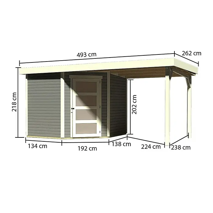 Karibu Gartenhaus Schwandorf 5 - 508 x 262 cm, Wandstärke: 19 mm, Flachdach, Weiß, Terragrau, Ausführung: Mit Anbau - Rechte Seitenansicht