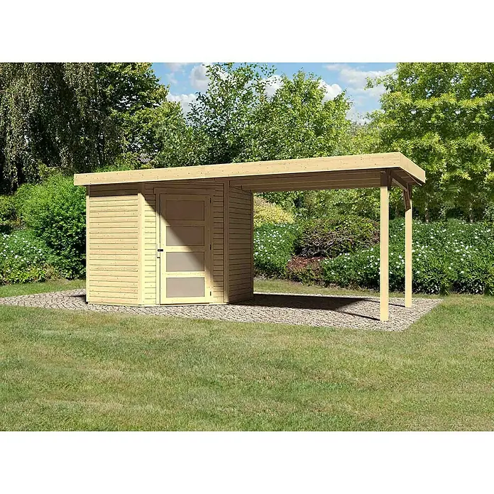 Karibu Gartenhaus Schwandorf 3 - 522 x 238 cm, Wandstärke: 19 mm, Flachdach, Ausführung: Mit Anbau, Natur - Linke Seitenansicht