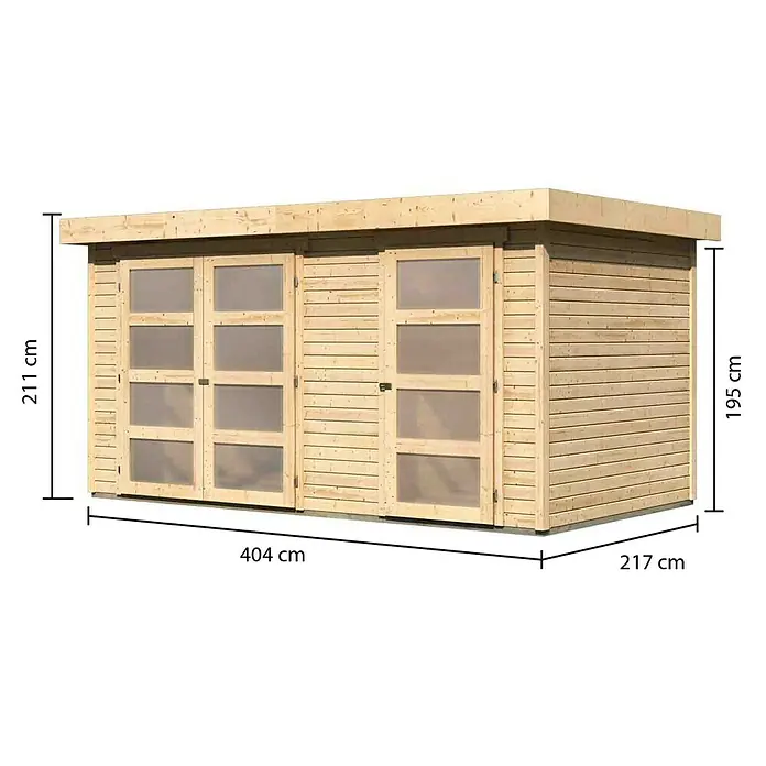 Karibu Gartenhaus Mühlentrup - 238 x 428 cm, 19 mm, Flachdach, Natur - Rechte Seitenansicht