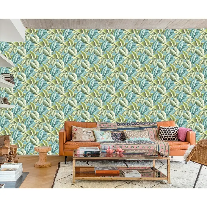 Papel pintado Hojas claro - Azul/Verde, 10,05 x 0,53 m