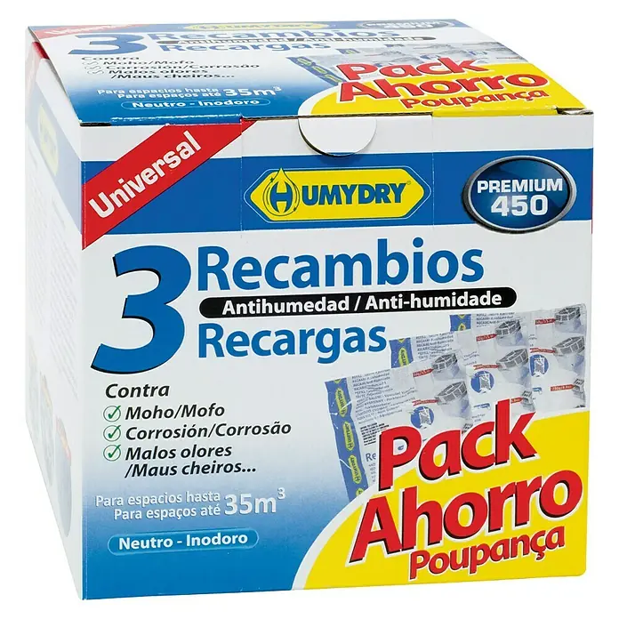 Humydry Pack de recambios para el deshumidificador Antihumedad - Neutral, 3 ud. x 450 g