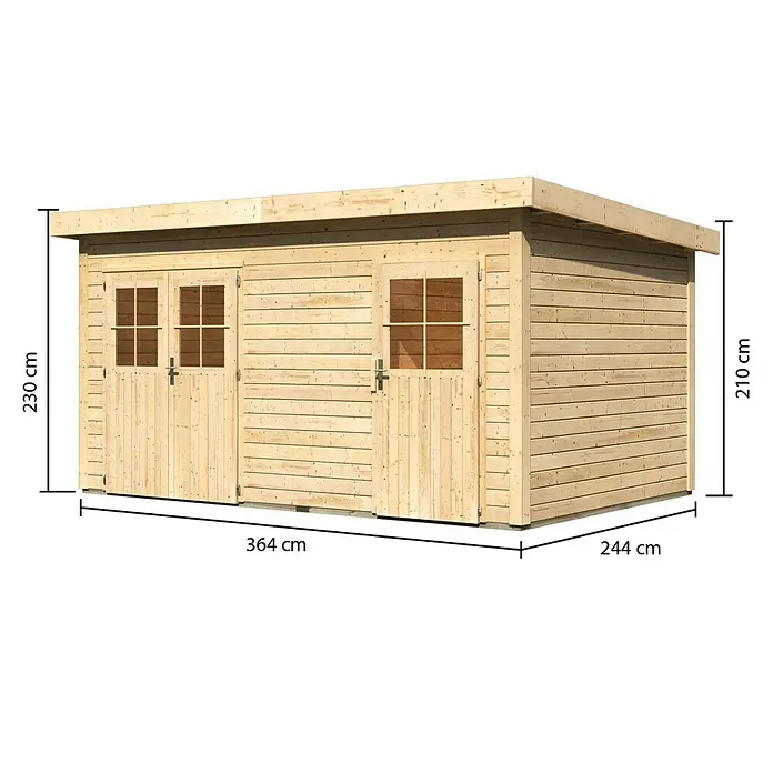 Karibu Gartenhaus Mattrup - 303 x 456 cm, Wandstärke: 28 mm, Flachdach, Natur - Rechte Seitenansicht