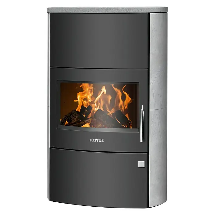 Justus Kaminofen Agero W+ - 7 kW, Raumheizvermögen: 144 m³, Verkleidung: Speckstein, Schwarz