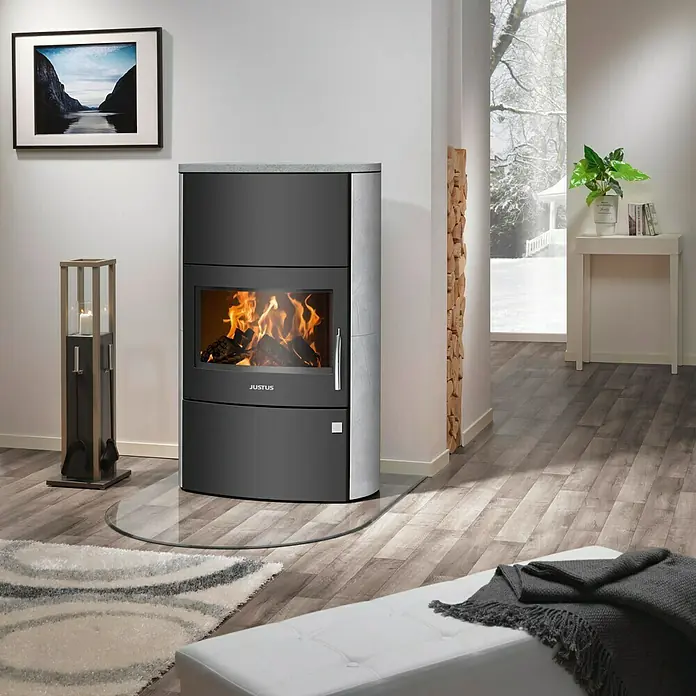 Justus Kaminofen Agero W+ - 7 kW, Raumheizvermögen: 144 m³, Verkleidung: Speckstein, Schwarz