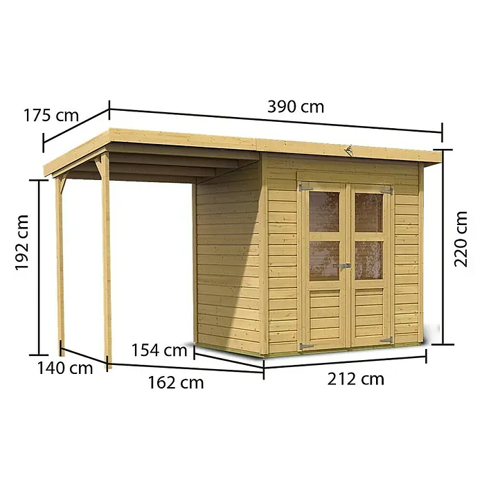 Karibu Gartenhaus Merseburg 3 - 175 x 390 cm, Wandstärke: 14 mm, Pultdach - Linke Seitenansicht