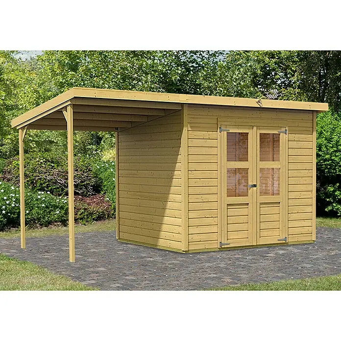 Karibu Gartenhaus Merseburg 5 - 236 x 415 cm, Wandstärke: 14 mm, Pultdach - Linke Seitenansicht