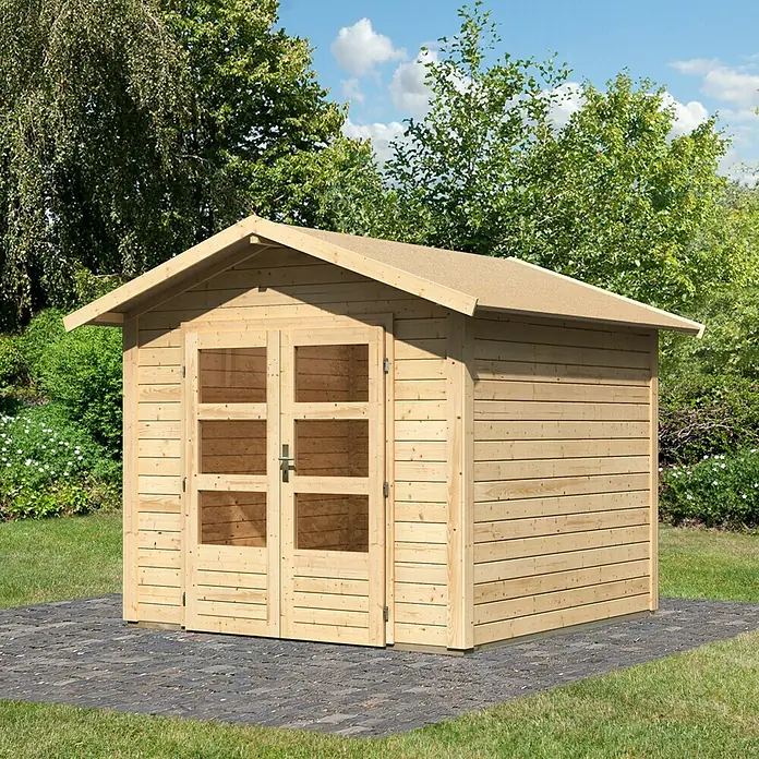 Karibu Gartenhaus Talkau 4 - 274 x 270 cm, Wandstärke: 28 mm, Satteldach, Natur - Stimmungsaufnahme