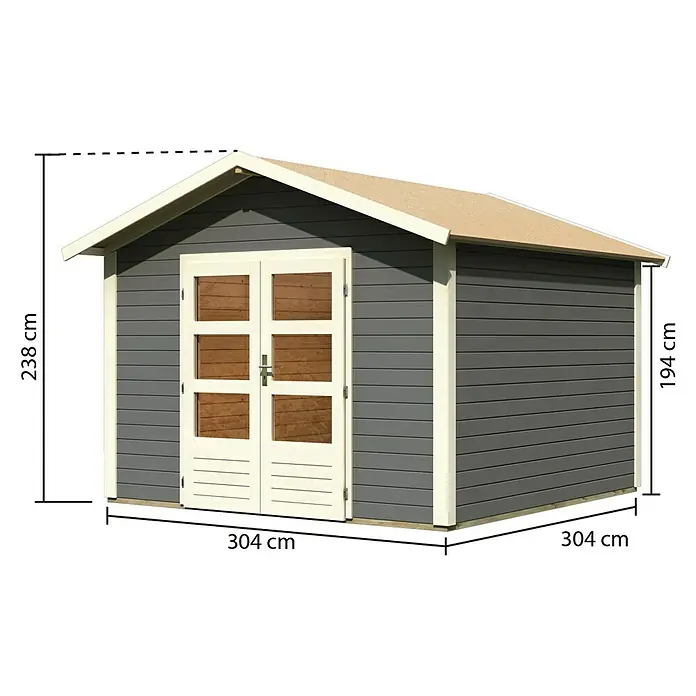 Karibu Gartenhaus Talkau 8 - 330 x 330 cm, Wandstärke: 28 mm, Satteldach, Grau - Vorderansicht