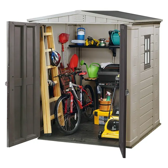 Keter Caseta para jardín Factor 6x6 - Ancho exterior incluido el voladizo del techo: 195,5 cm, Profundidad exterior incluido el voladizo del techo: 178 cm, Plástico, Taupe/Beige