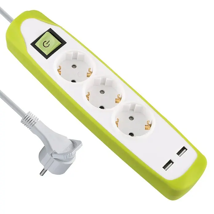 Electraline Base de enchufe múltiple con USB Gummy - Número de enchufes Schuko: 3 ud., Blanco/Verde, Longitud del cable: 2 m