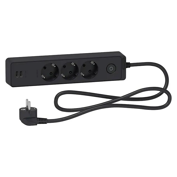 Schneider Electric Base de enchufe múltiple con USB - Número de enchufes Schuko: 3 ud., Antracita, 1,5 m