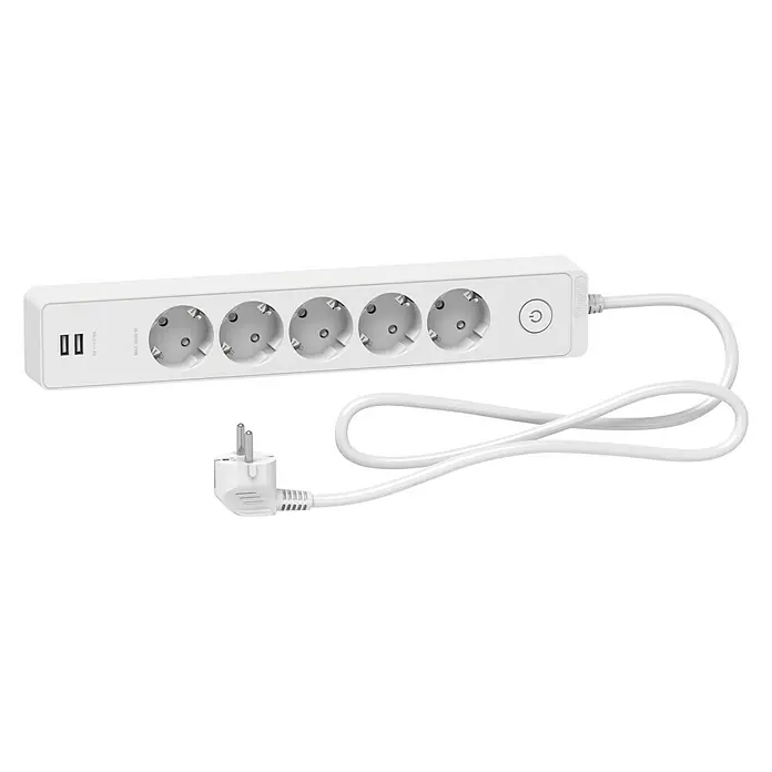 Schneider Electric Base de enchufe múltiple con USB - Número de enchufes Schuko: 5 ud., Blanco, 1,5 m