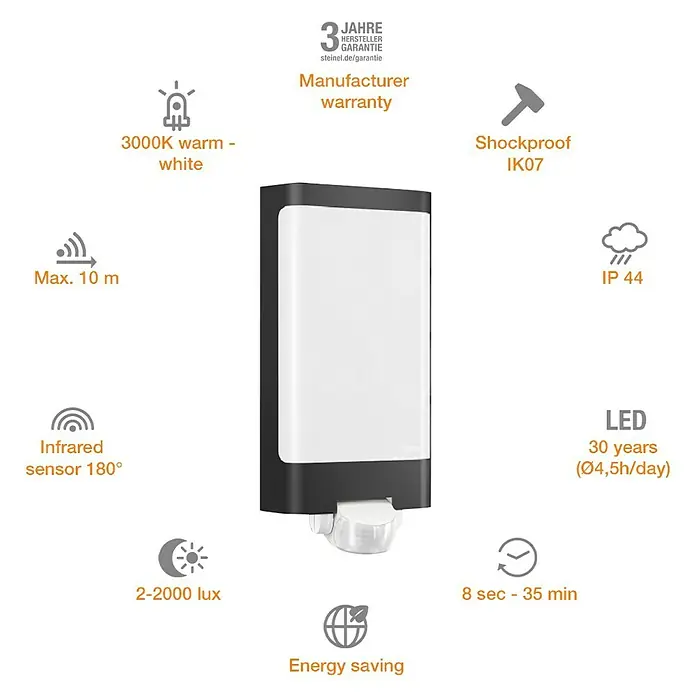 Steinel LED-Sensor-Außenwandleuchte L 240 - 9,3 W, L x B x H: 8,1 x 16,5 x 30,5 cm, Anthrazit/Weiß, Warmweiß - Vorderansicht