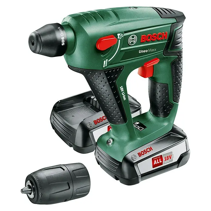 Bosch 18 V Power for All Akku-Bohrhammer Uneo Maxx - 18 V, Li-Ionen, 2 Akkus, Einzelschlagstärke: 0,6 J - Linke Seitenansicht