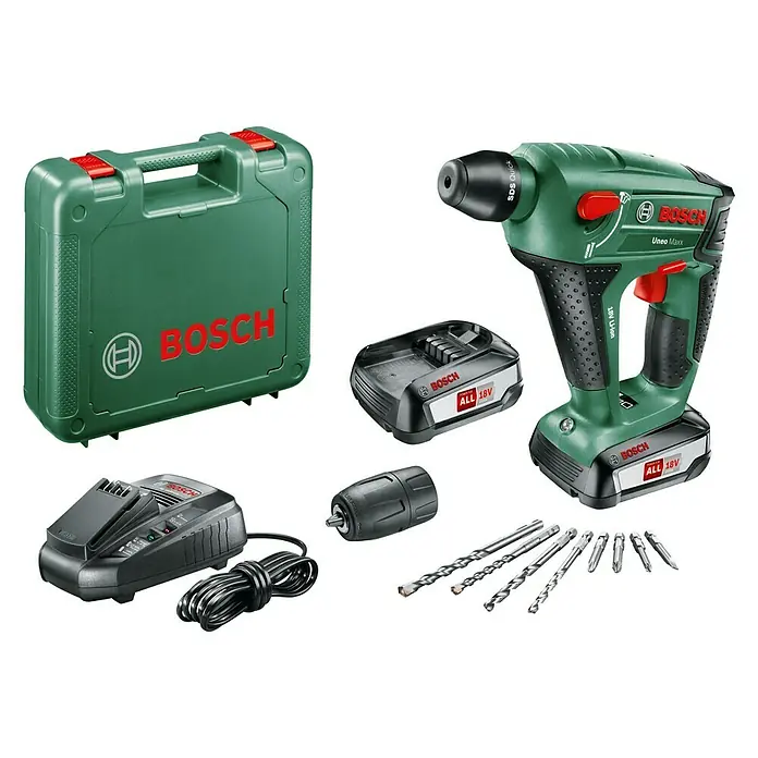 Bosch 18 V Power for All Akku-Bohrhammer Uneo Maxx - 18 V, Li-Ionen, 2 Akkus, Einzelschlagstärke: 0,6 J - Linke Seitenansicht