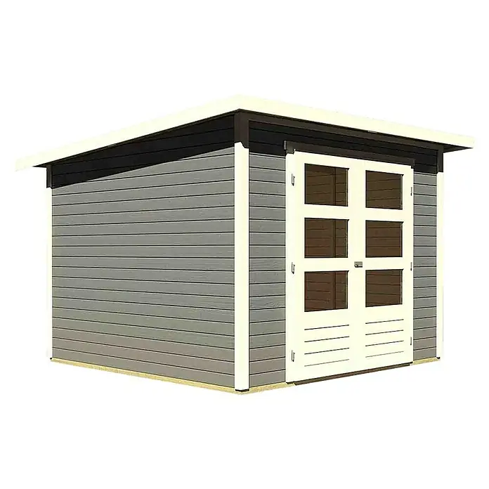 Karibu Gartenhaus Stockach - L x B: 246 x 246 cm, Wandstärke: 19 mm, Pultdach, Terragrau - Rechte Seitenansicht