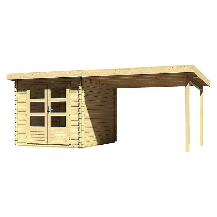 Karibu Blockbohlenhaus Bastrup 4 - 333 x 554 cm, Wandstärke: 28 mm, Pultdach, Ausführung: Mit Anbau - Linke Seitenansicht