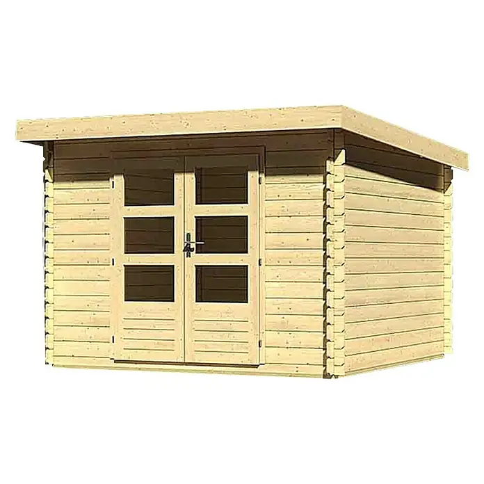 Karibu Blockbohlenhaus Bastrup 5 - 333 x 315 cm, Wandstärke: 28 mm, Pultdach - Linke Seitenansicht