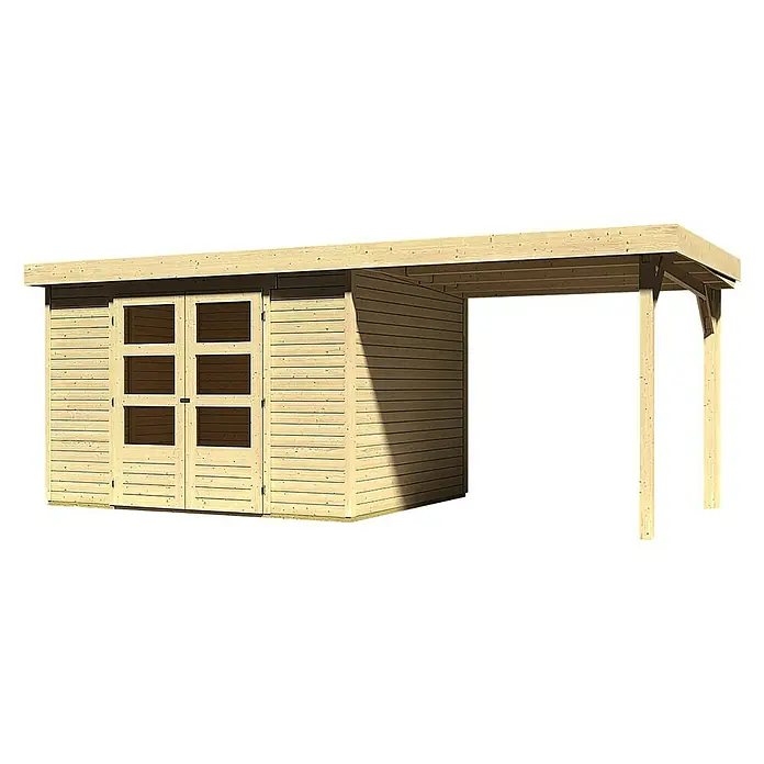 Karibu Gartenhaus Askola - L x B: 246 x 522 cm, Wandstärke: 19 mm, Flachdach, Natur, Mit Anbau - Linke Seitenansicht