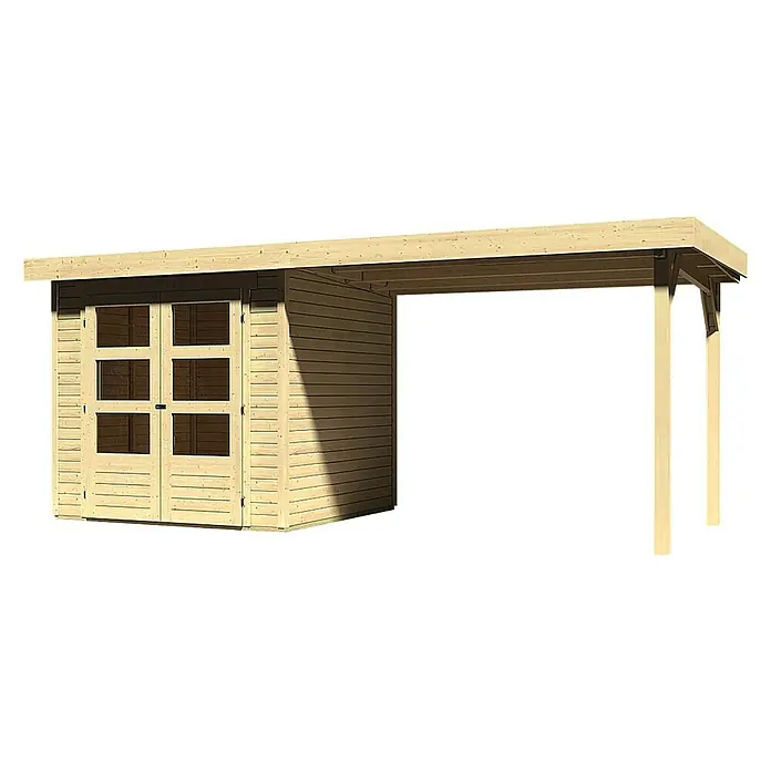Karibu Gartenhaus Askola - L x B: 217 x 468 cm, Wandstärke: 19 mm, Flachdach, Natur, Mit Anbau - Linke Seitenansicht