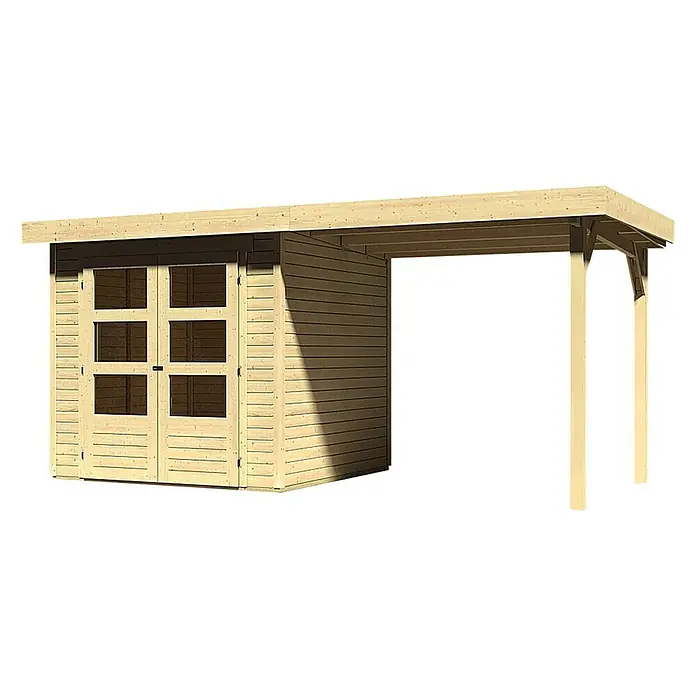 Karibu Gartenhaus Askola - L x B: 217 x 433 cm, Wandstärke: 19 mm, Flachdach, Natur, Mit Anbau - Linke Seitenansicht