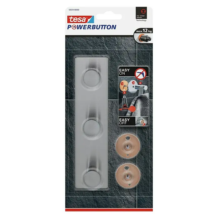 Tesa Powerbutton Hakenleiste Powerbutton - Rechteckig, Edelstahl, Selbstklebend