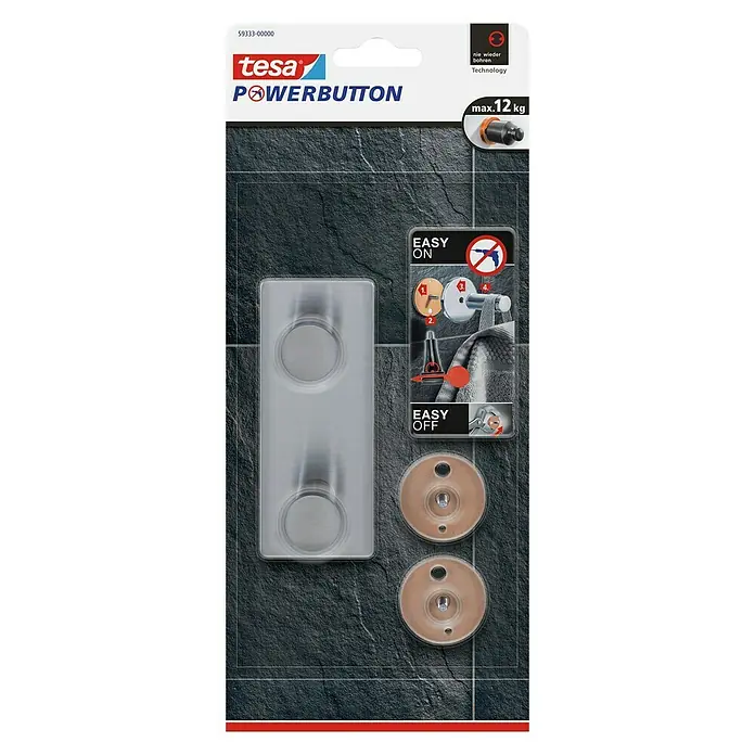 Tesa Powerbutton Doppelhaken Powerbutton - Rechteckig, Edelstahl, Selbstklebend