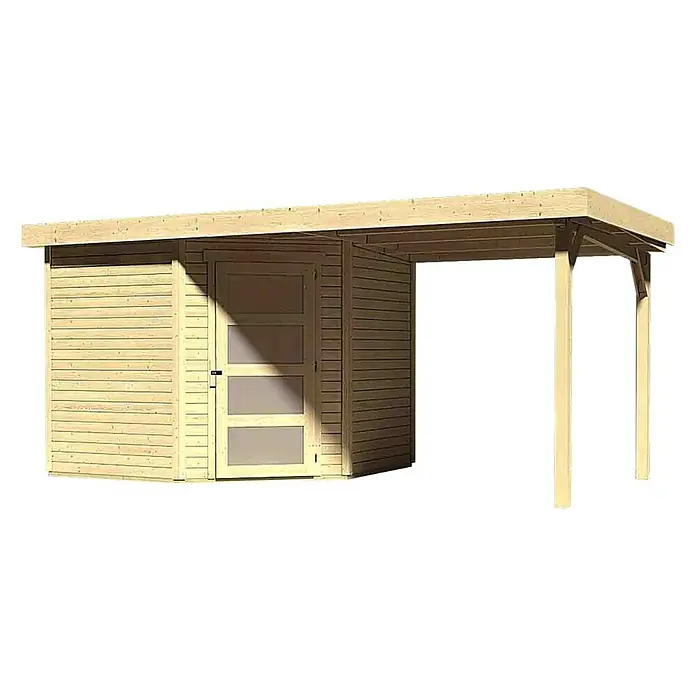 Karibu Gartenhaus Schwandorf 5 - 508 x 262 cm, Wandstärke: 19 mm, Flachdach, Ausführung: Mit Anbau, Natur - Linke Seitenansicht