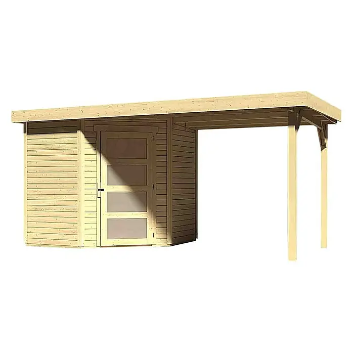 Karibu Gartenhaus Schwandorf 3 - 482 x 238 cm, Wandstärke: 19 mm, Flachdach, Ausführung: Mit Anbau, Natur - Linke Seitenansicht