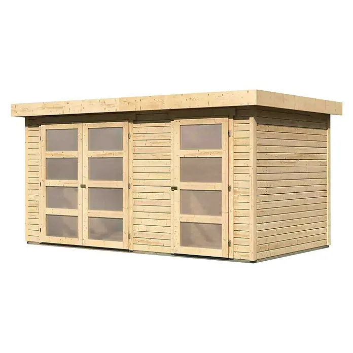 Karibu Gartenhaus Mühlentrup - 238 x 428 cm, 19 mm, Flachdach, Natur - Linke Seitenansicht