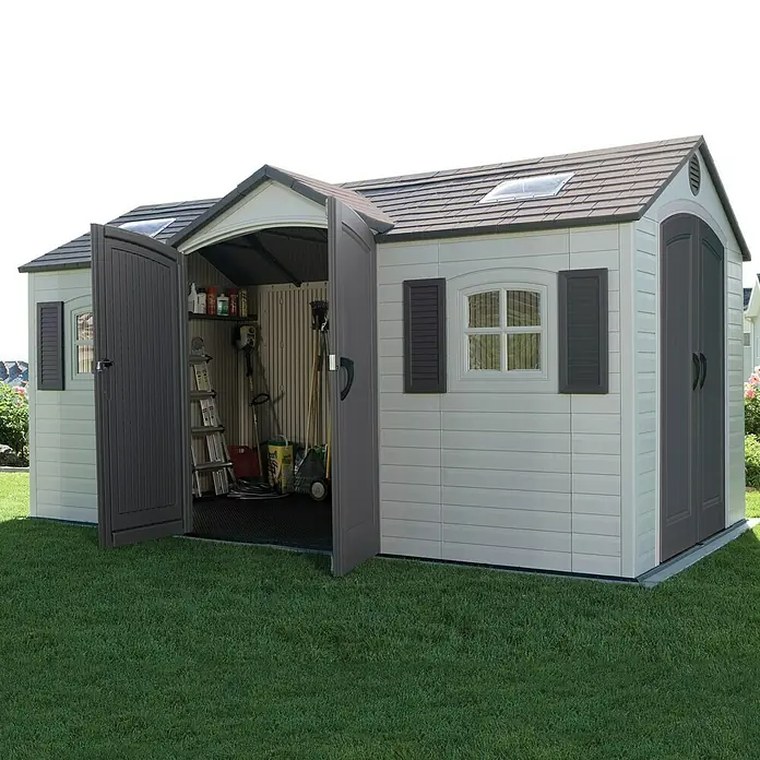 Lifetime Gerätehaus Residenz - Außenbreite inkl. Dachüberstand: 244 cm, Außentiefe inkl. Dachüberstand: 458 cm, Stahl, Anthrazit/Lichtgrau/Schwarz - Stimmungsaufnahme
