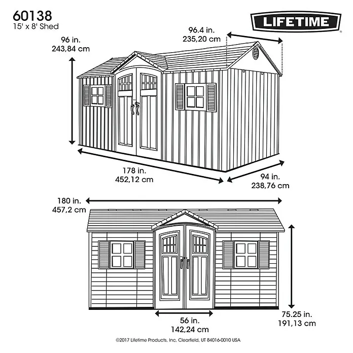 Lifetime Gerätehaus Castle - Außenbreite inkl. Dachüberstand: 457 cm, Außentiefe inkl. Dachüberstand: 244 cm, Stahl