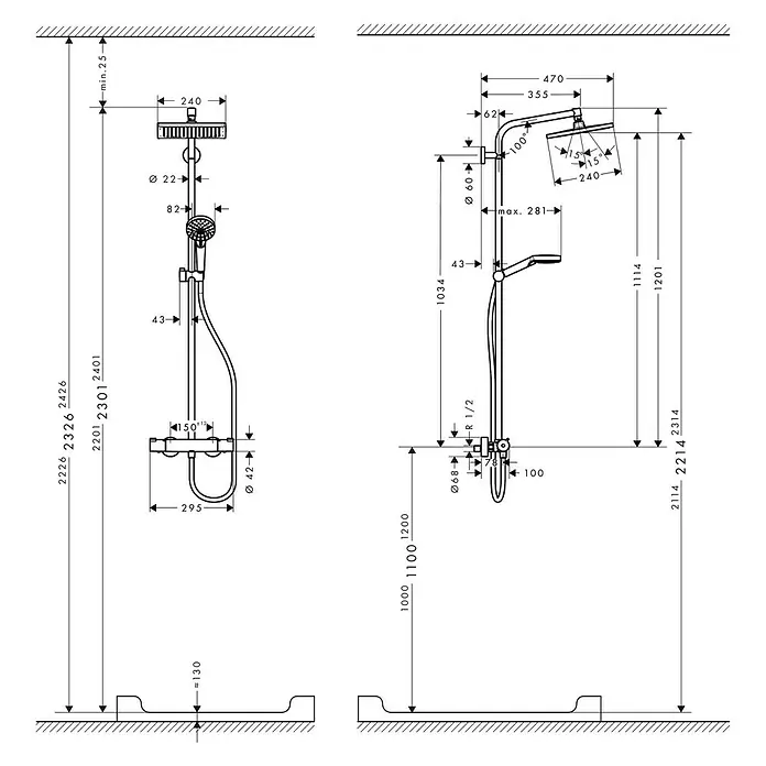 Hansgrohe Crometta Duschsystem E 240 - Mit Thermostatarmatur, Lochabstand: 103,4 cm, Anzahl Strahlarten: 2 Stk., Chrom