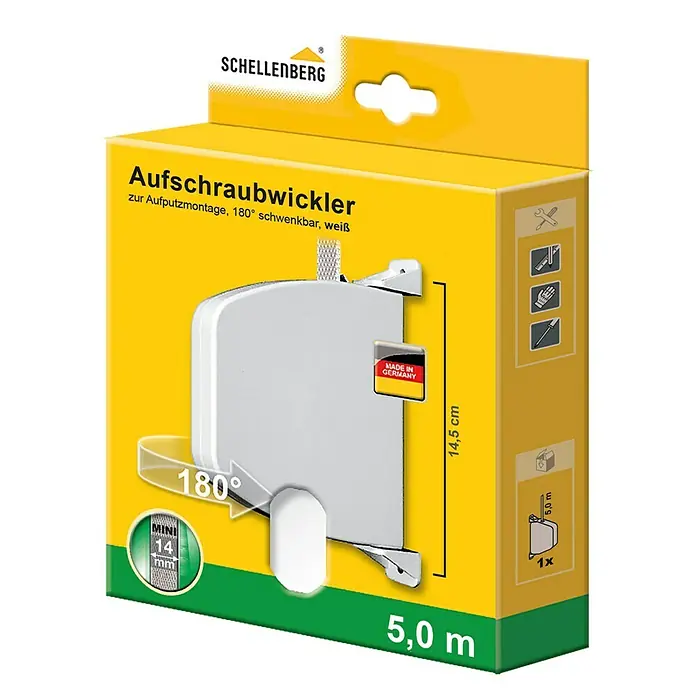 Schellenberg Aufschraubwickler Mini - L x B x H: 159 x 120 x 22 mm, Gurtbreite: 14 mm, Weiß - Vorderansicht