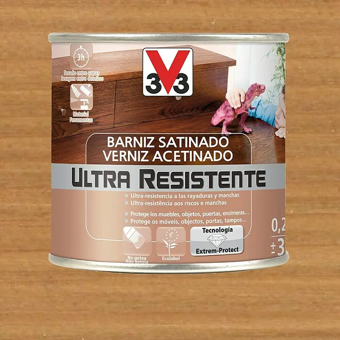 V33 Barniz para madera Satinado Ultra Resistente - Cerezo, Satinado, 750 ml