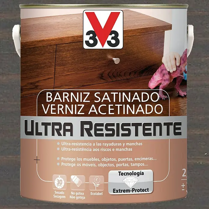 V33 Barniz para madera Satinado Ultra Resistente - Wengué, Satinado, 2,5 l