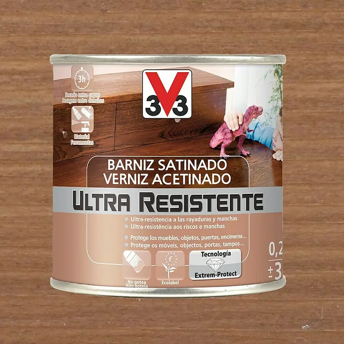 V33 Barniz para madera Satinado Ultra Resistente - Nogal, Satinado, 250 ml