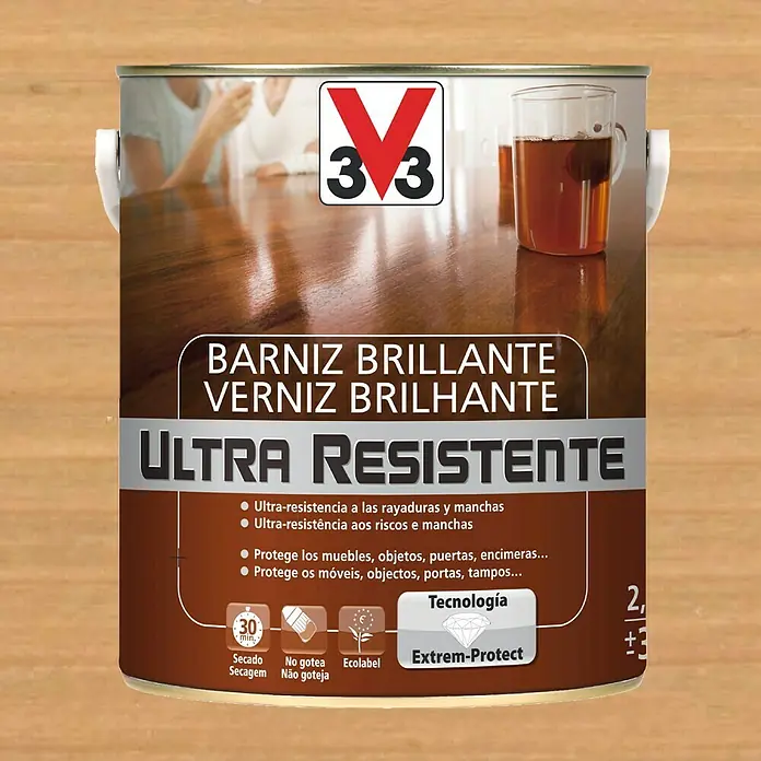 V33 Barniz para madera Brillante Ultra Resistente - Roble claro, Brillante, 2,5 l