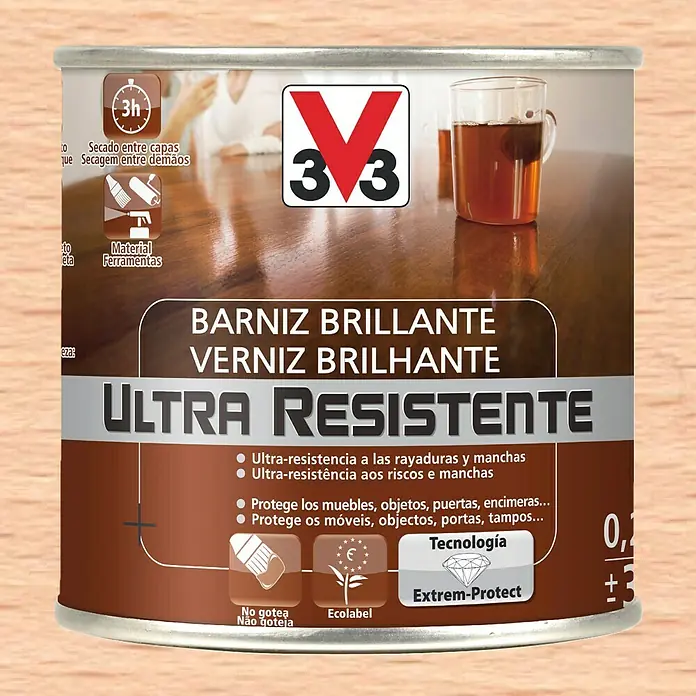 V33 Barniz para madera Brillante Ultra Resistente - Incoloro, Brillante, 250 ml